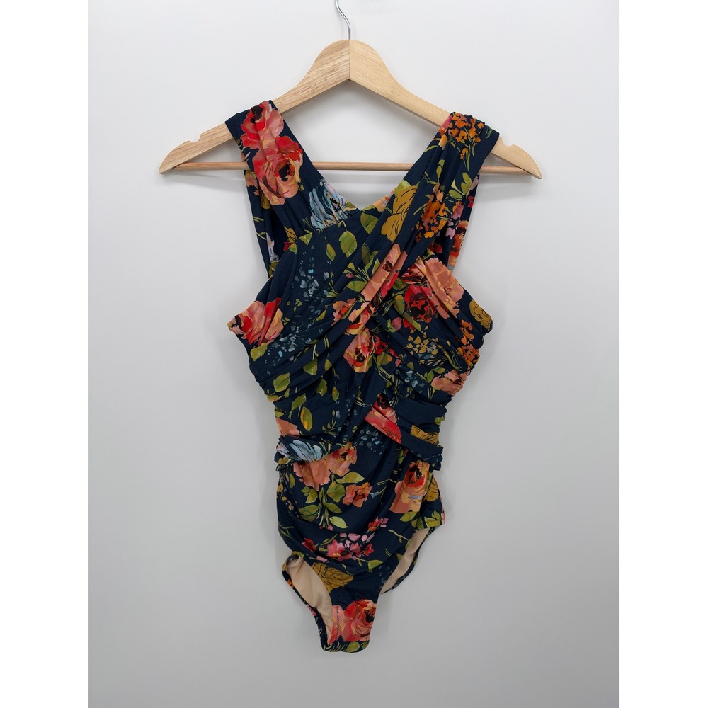Garnet Hill Womens Navy Floral Ruched Crossover One Piece Swimsuit Size 4